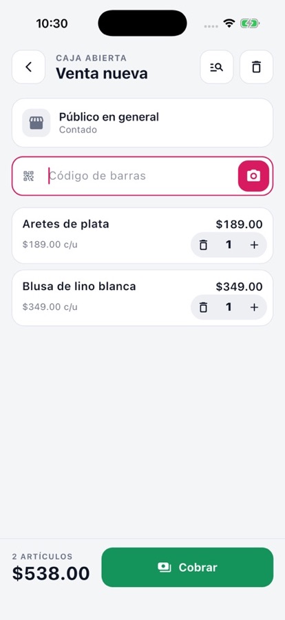 Pantalla de venta: productos escaneados y botón Cobrar