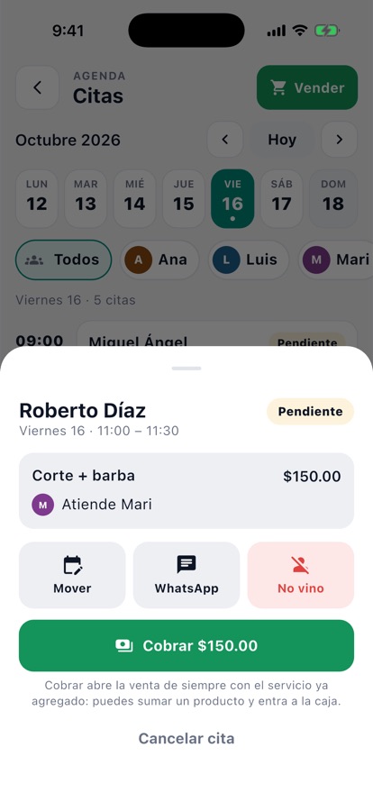 Detalle de una cita con Cobrar, Mover, WhatsApp y No vino